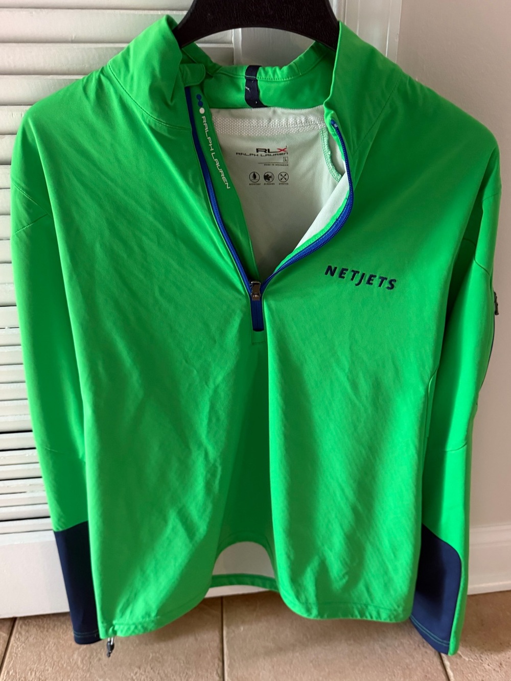 RLX Ralph Lauren Men's NetJets Green/Blue 1/4 Zip Softshell Golf Windbreaker L